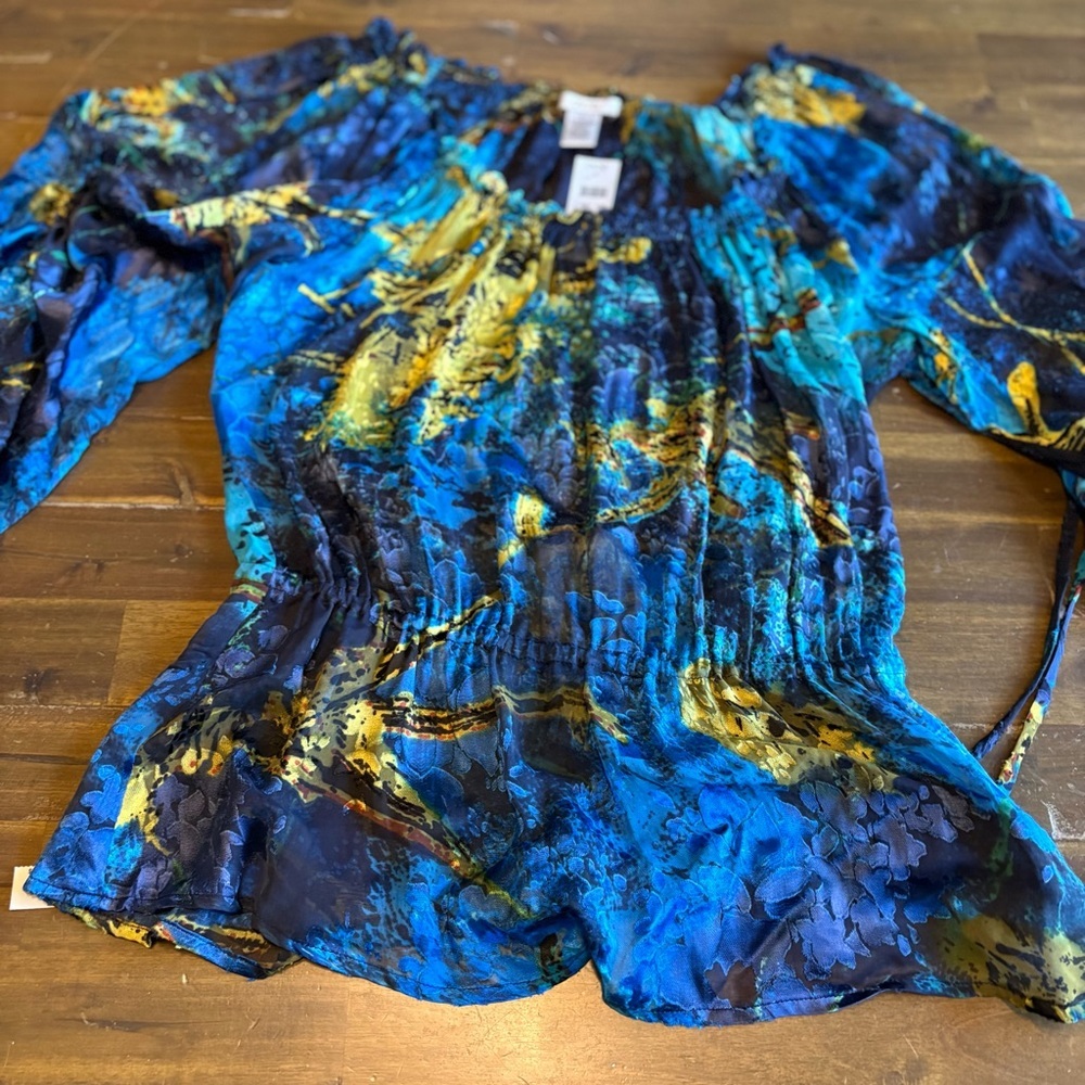 Cache Silk Blend Blouse Blue Gold Marble Ruffle Whimsical Flowy Boho Celestial S - Picture 6 of 8